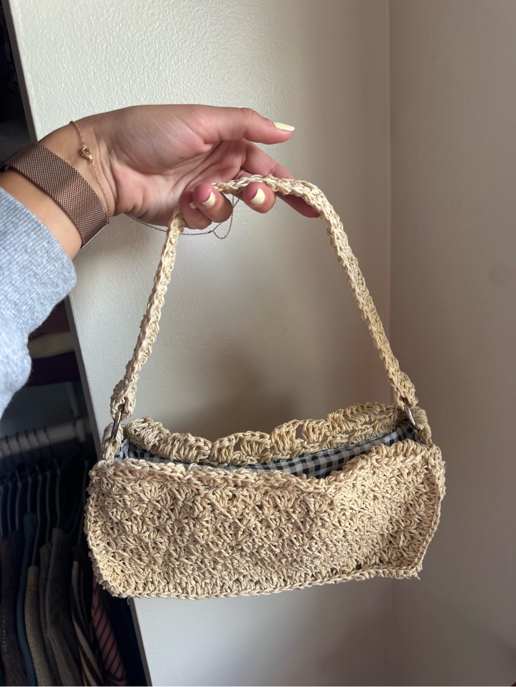 Urban Outfitters Cream Woven Shoulder Bag With Gingham Lining